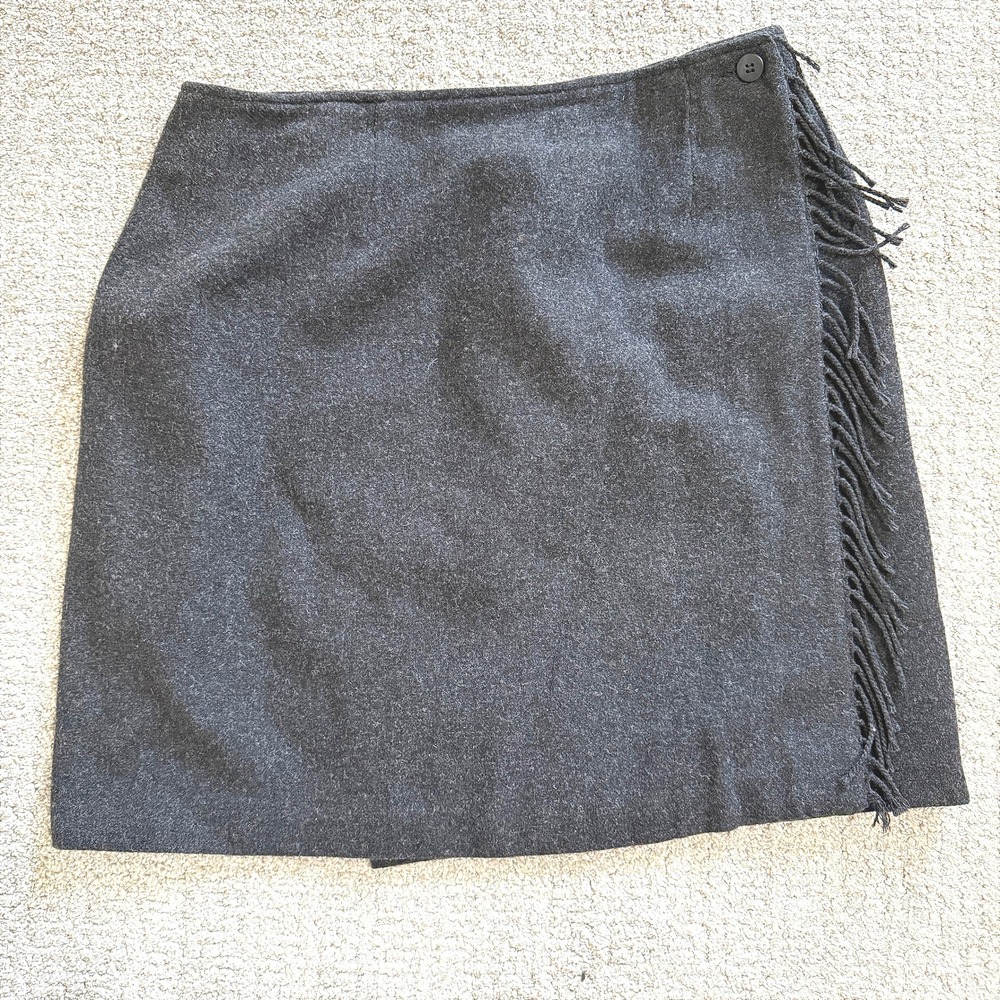 Vintage Talbots Charcoal Wool Blend Wrap Mini Skirt Fringe Classic Career 16‎
